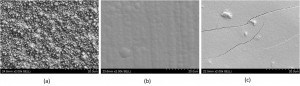 Fig. 4: SEM images at a magnification of 2000x of the surface of the deposits obtained under DC plating, electrodeposited from three different nickel alloy electrolyte systems (a) NiCo at 1.5A/dm2, (b) SnNi at 2.5A/dm2 and (c) NiW system at 0.3A/dm2