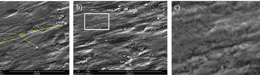 Fig. 4: SEM images of potentiostatic deposits on a copper cathode in SCR electrolyte (50º C during 120 s) at a) -1.10 V, arrows indicate the isolated metallic chromium crystals, b) -1.20 V (5000X). c) zoom of rectangle in b) showing geometric details on the coating (15000X).