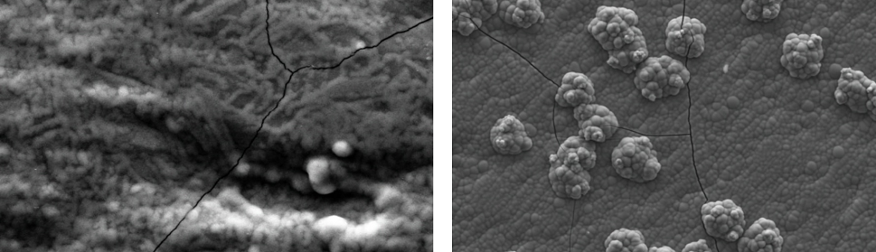 Fig. 5: SEM images of potentiostatic deposits on a copper cathode in SCR electrolyte (50º C during 120 s) at a) -1.25 V (10000X), showing a network of crystals and the first cracks on the coating, b) SEM image representative of metallic chrome deposits for electrode potentials ≤ -1.35 V (2000X).