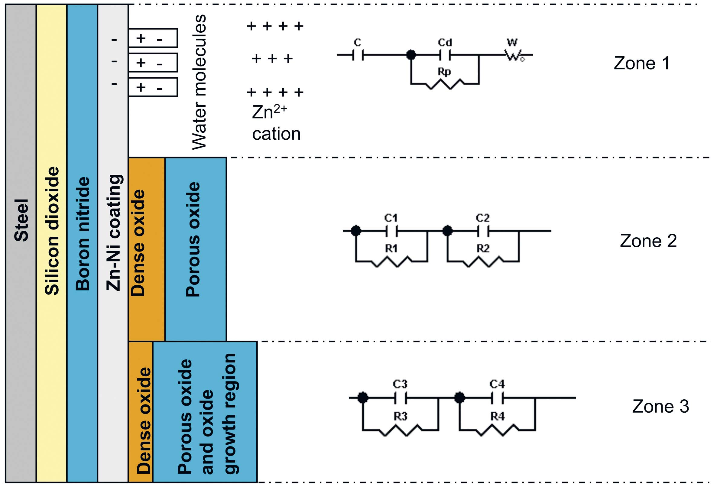Fig. 18: Schematic representation of the three zones and circuit sides of the T_SiO2+BN+ Zn-Ni+f sample