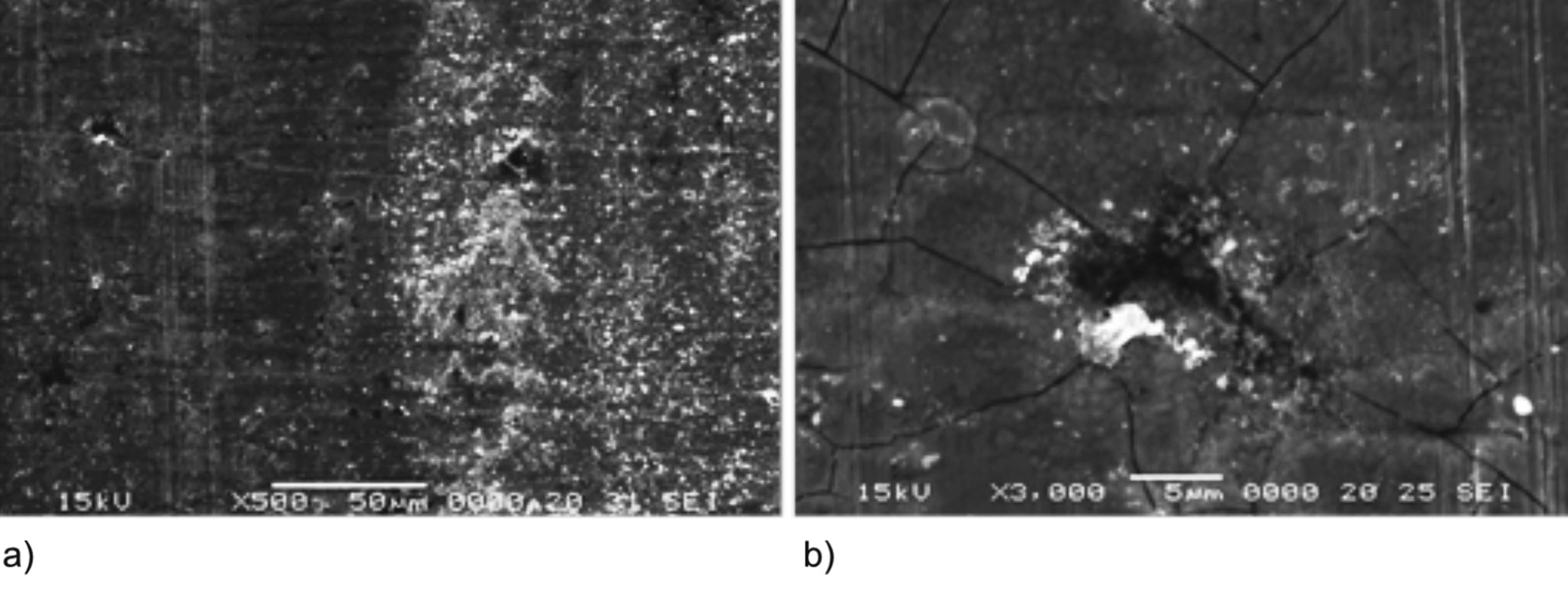 Fig. 7: SEM images of SiO2+Zn-Ni+bp+f sample: a) corrosion and tribocorrosion; b) tribocorrosion