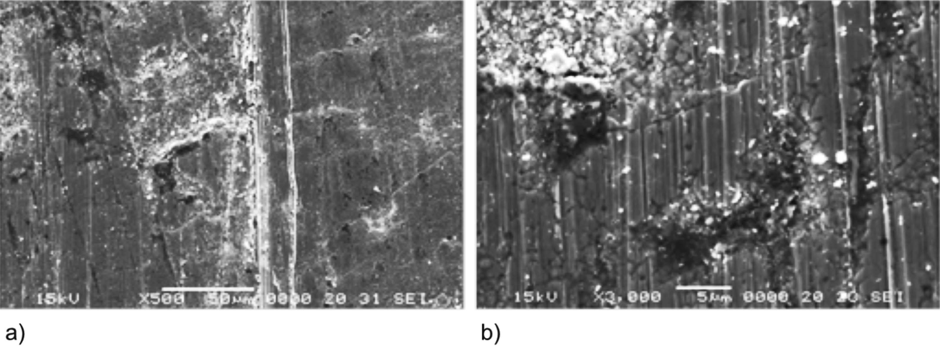 Fig. 8: SEM images of SiO2+BN+Zn-Ni+f sample: a) corrosion and tribocorrosion; b) tribocorrosion