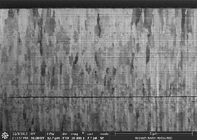 Fig. 21: Cross-section of Zn-Ni coatings deposited from Zinni® 220 in a barrel on M8x70 bolts; cross-section prepared using focused ion beam; typical layer-by-layer deposition well visible