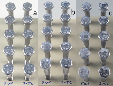 Fig. 23: M10 bolts coated with Zinni® 220, passivated with Tridur DB and sealed with two different sealers (Corrosil® Plus 501 – left and Corrosil® Plus 315L – right); samples before NSS test (a) after 240 h in NSST (b) and after 1055 h in NSST (c); test according to ASTM B-117