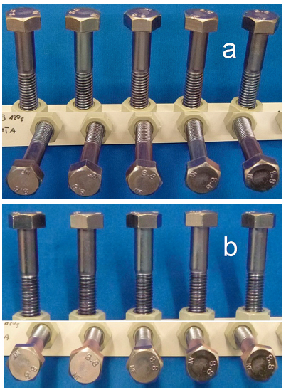 Fig. 22: M10 bolts coated with Zinni® 220 and passivated with Tridur DB, heat treated (hydrogen de-embrittlement) at 210 °C for 4 hours after passivation; samples before NSS test (a) and after 504 h in NSS chamber (b); test according to ASTM B-117