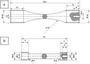 Fig. 1: Sample geometries used for (a) fatigue tests and (b) tensile tests, the coating thickness was 25 to 30 μm
