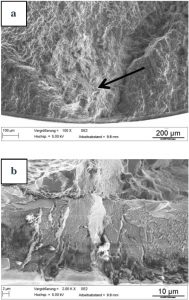 Fig. 10: Fracture surface of a samples with increased lifetime coated with MTO 0 in the as deposited condition, tested at 285 MPa maximum stress: (a) crack initiation in the substrate material with flat areas and (b) propagation of the fatigue crack from the substrate material into the coating