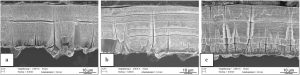 Fig. 3: Etched cross section of the coatings in the as deposited condition of (a) MTO 0, (b) MTO 2, (c) MTO 3.5; the substrate material is in the lower part of the picture. The coatings show the lamellar structure as well as some defects reaching from the substrate to the surface